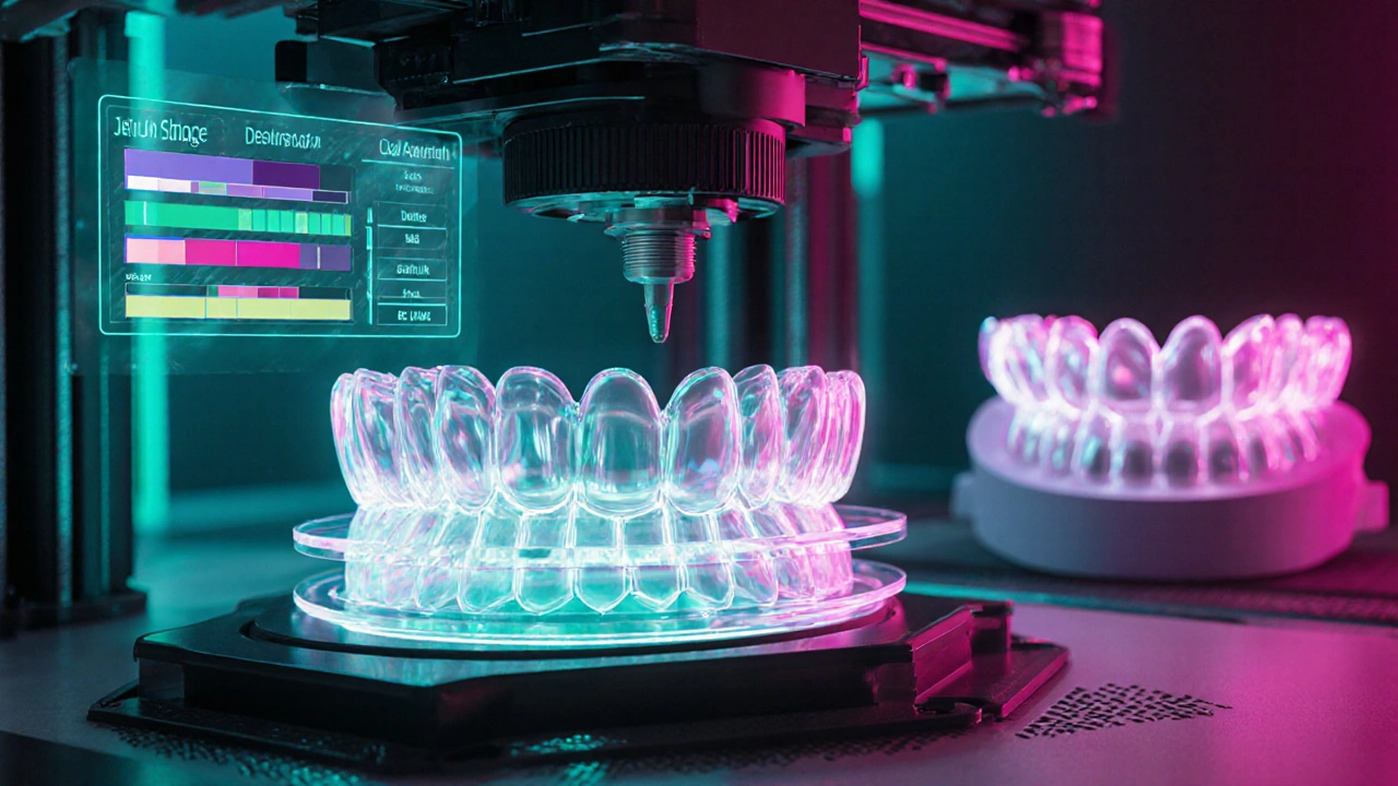 3D tiskárna vytváří průhlednou vrstvu nano‑kompozitu, zatímco hologram ukazuje CAD design.