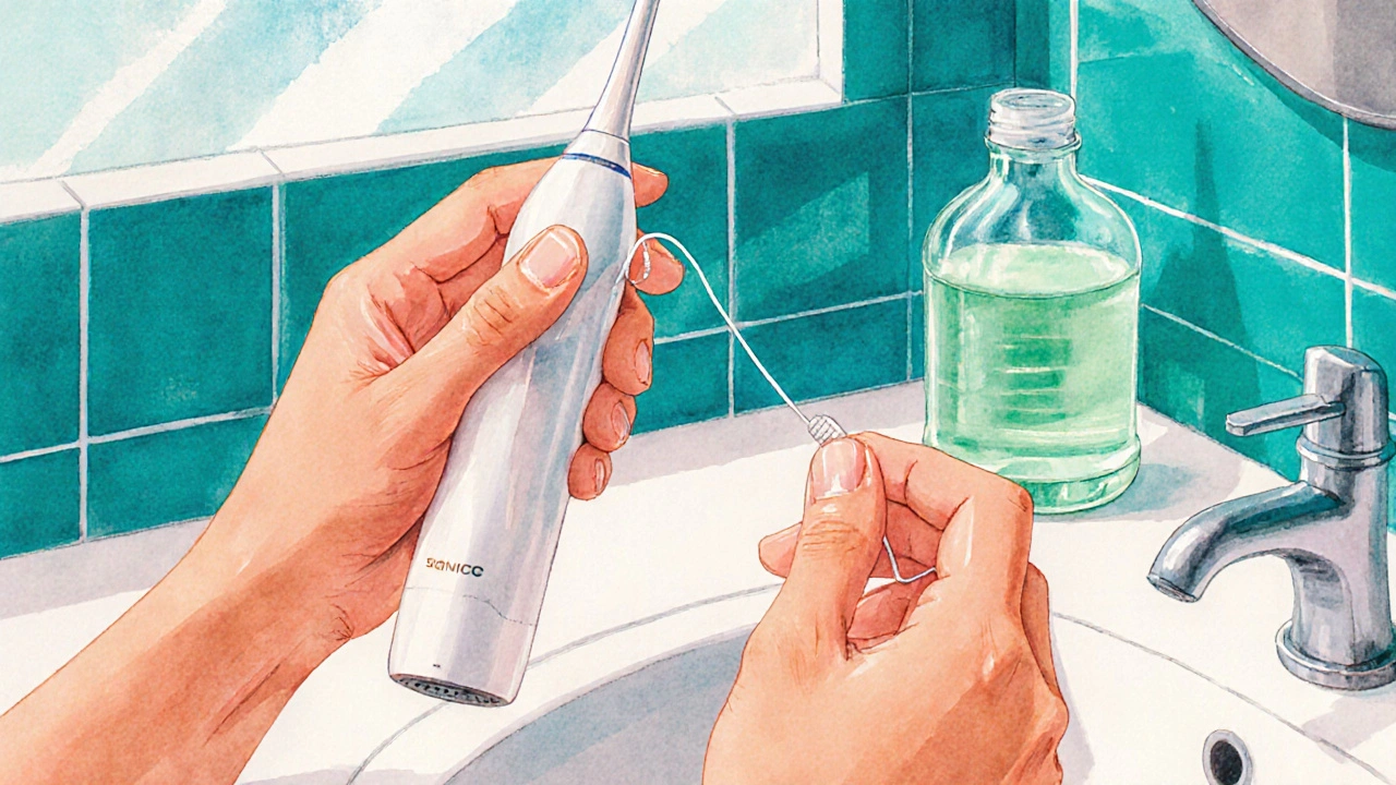 Ilustrace osobně používající elektrický kartáček, nit a ústní vodu.