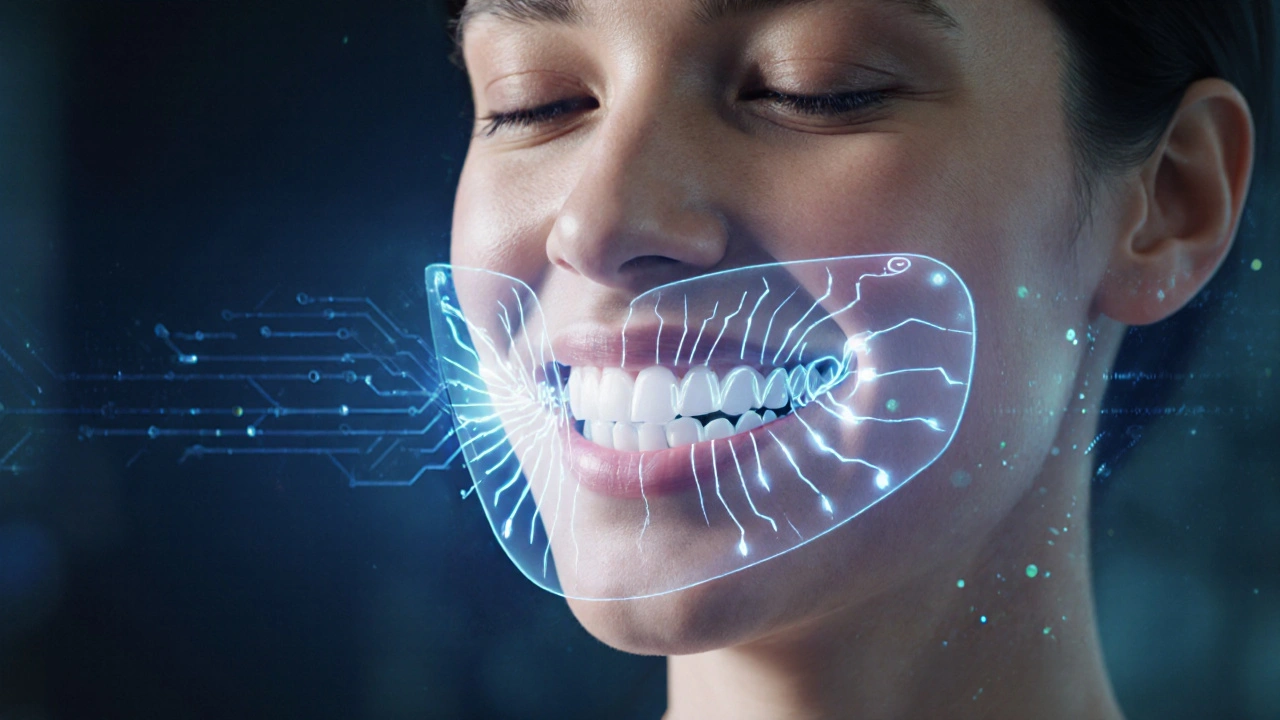 Pacientův úsměv se zobrazuje v hologramu AI, s neviditelnou přechodovou linií mezi zubem a polymerem.
