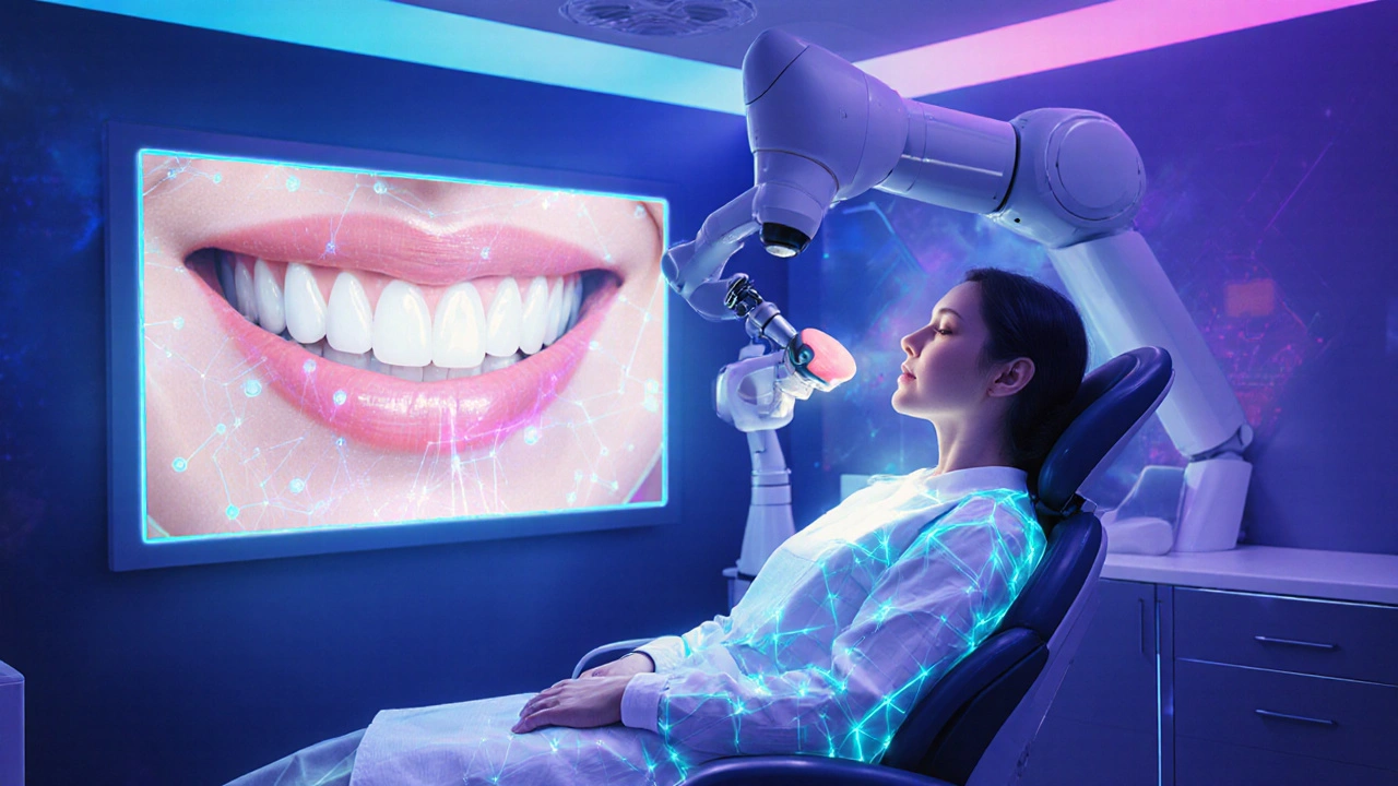 Robotičná ruka tiskne a nasazuje 3D‑tištěnou fazetu na zuby pacienta.