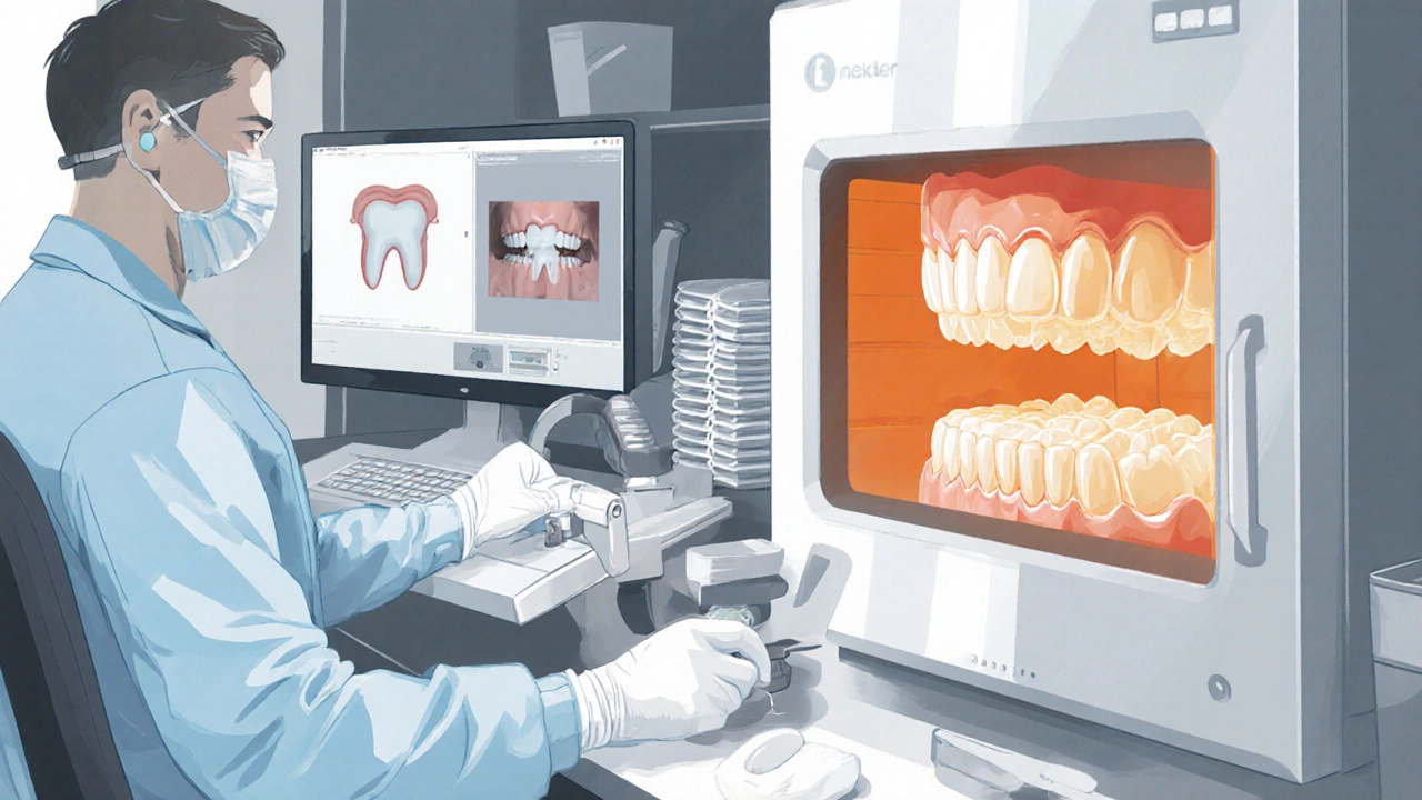 Technik v laboratoři vyrábí porcelánovou fazetu, během pečení v peci.