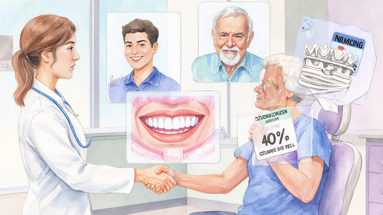 Vodovázná scéna dentisty a pacienta, zobrazující tipy na úsporu nákladů.