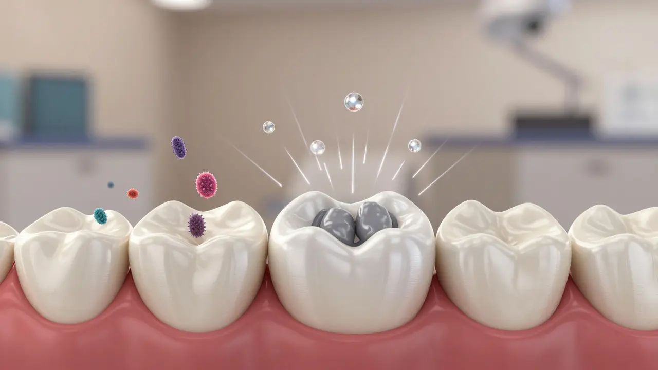A glass ionomer filling emitting protective fluoride ions that strengthen surrounding tooth structure.