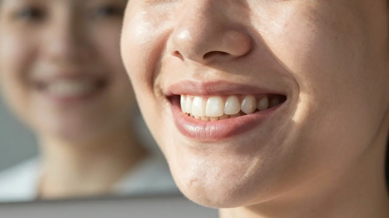 A person smiling with ceramic teeth illuminated by natural light, showing lifelike dental restoration.