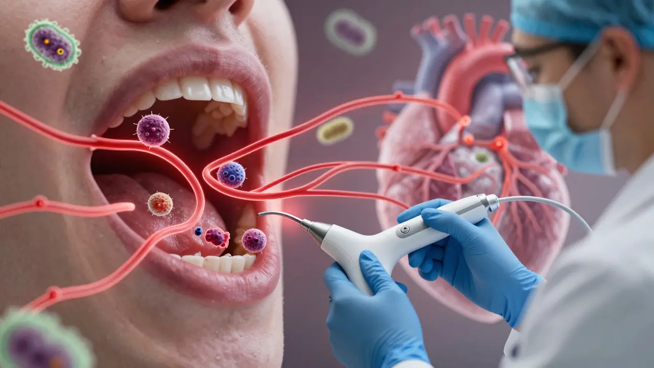 Bakterie z infekce dásní se šíří do krevního oběhu, zatímco dentist odstraňuje kámen.