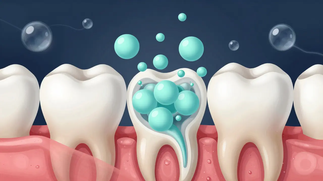 Microscopic view of fluoride ions releasing from a glass ionomer filling into tooth enamel, showing chemical bonding.