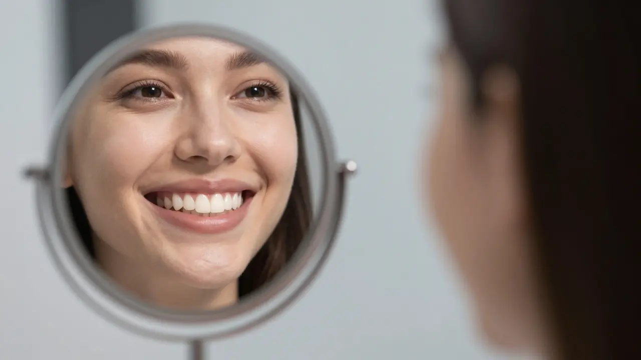 Person smiling with e-max crown indistinguishable from natural teeth.