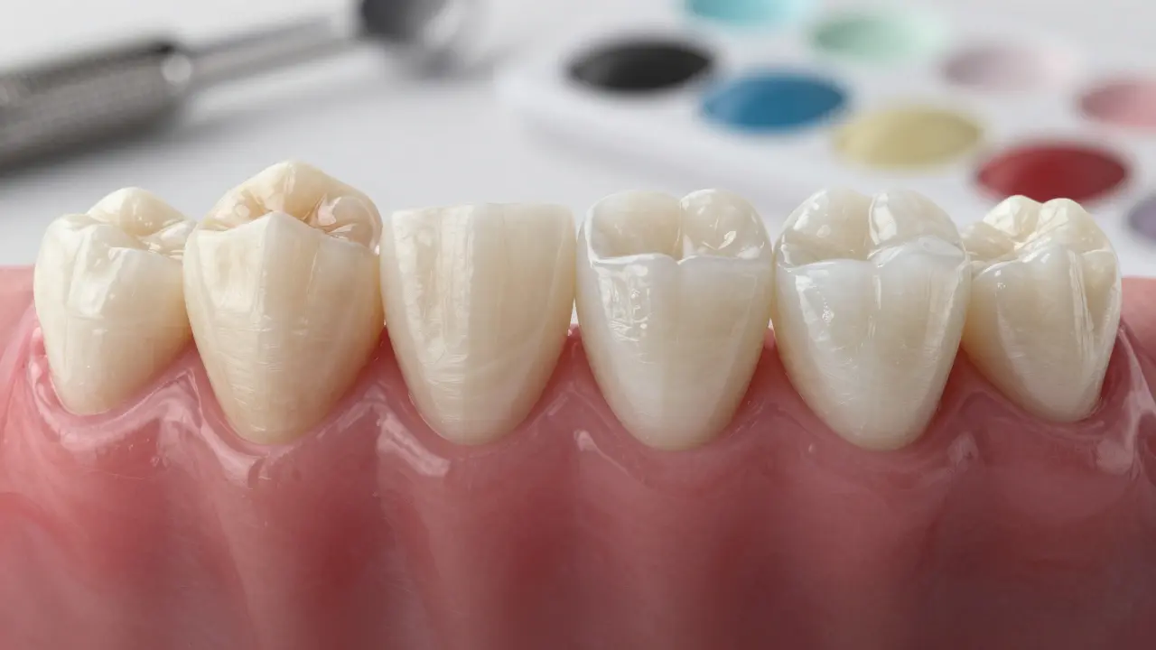 Side-by-side comparison of a damaged natural tooth and a flawless ceramic crown with natural gum contour.