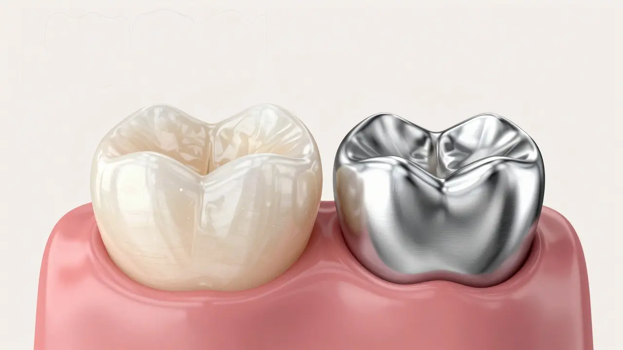 Side-by-side comparison of e-max crown and metal-ceramic crown showing esthetic differences.
