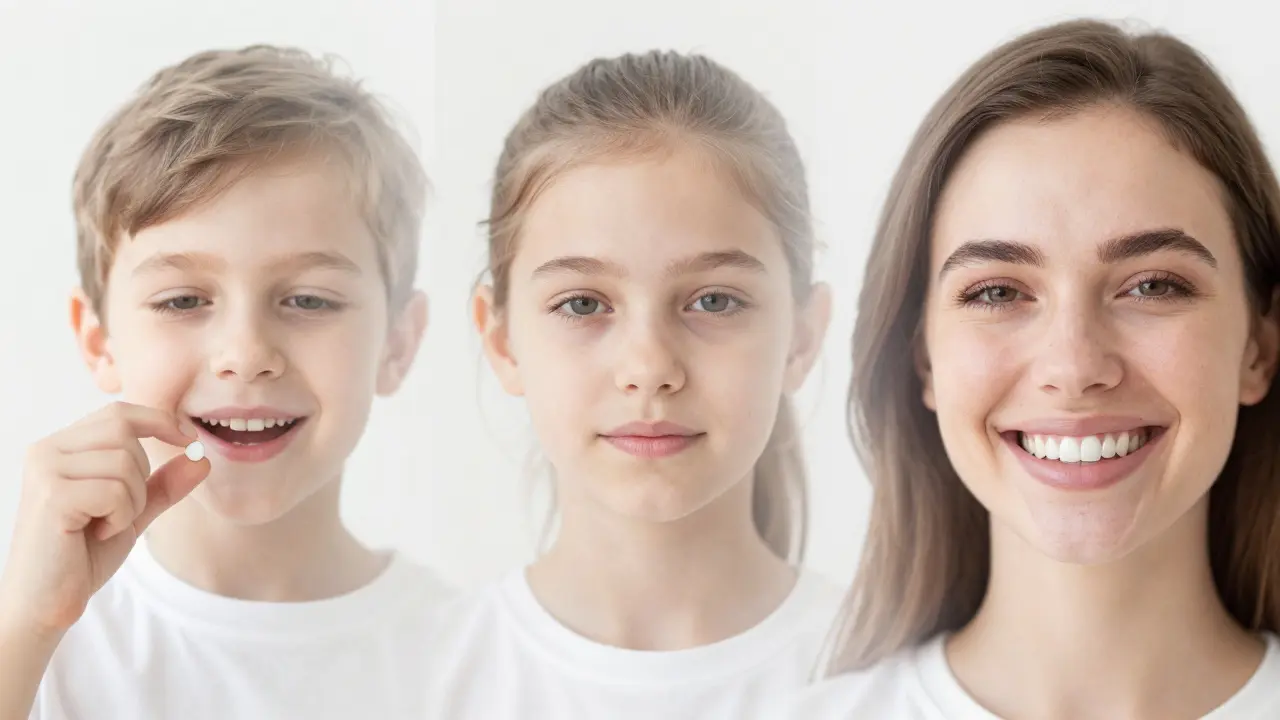 Tři postupné úsměvy: dítě s lékem, teenager se zavřeným ústem a dospělý s bílými zuby.