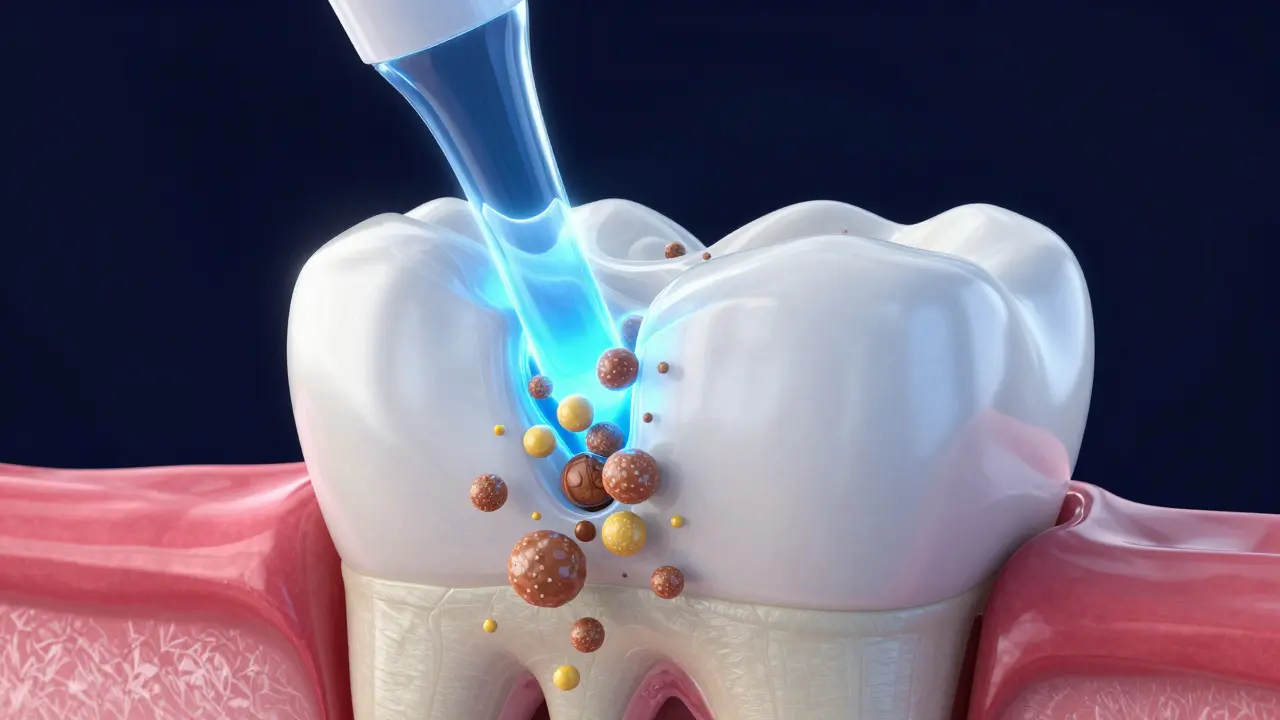 3D ilustrace procesu chemického bělení zubů v rámci skloviny a dentinu.