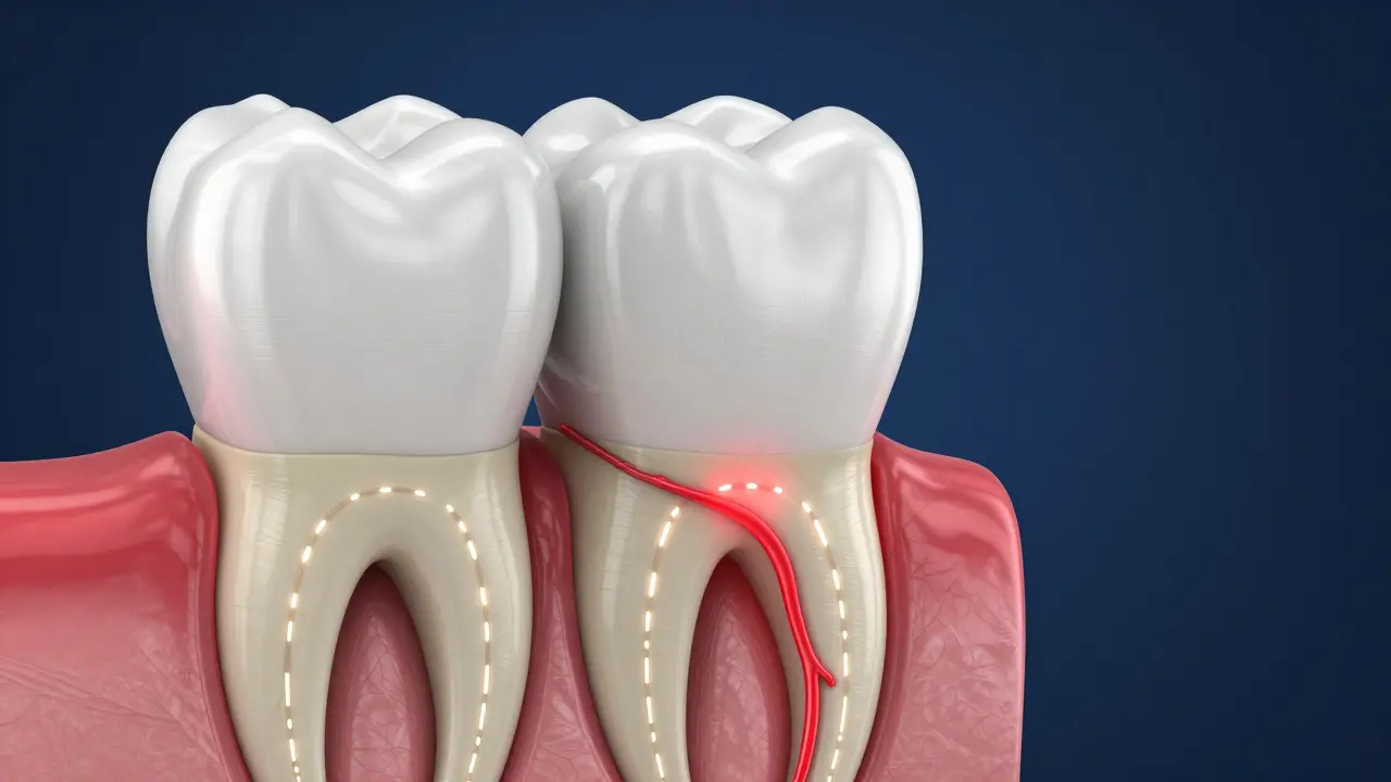 3D ilustrace průřezu zubu s viditelnými kanálky v dentinu vedoucí k nervu.
