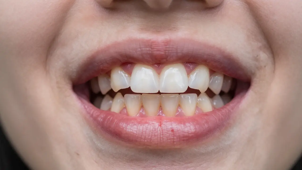 Detailní pohled na zapálené a recedující dásně u předních zubů.