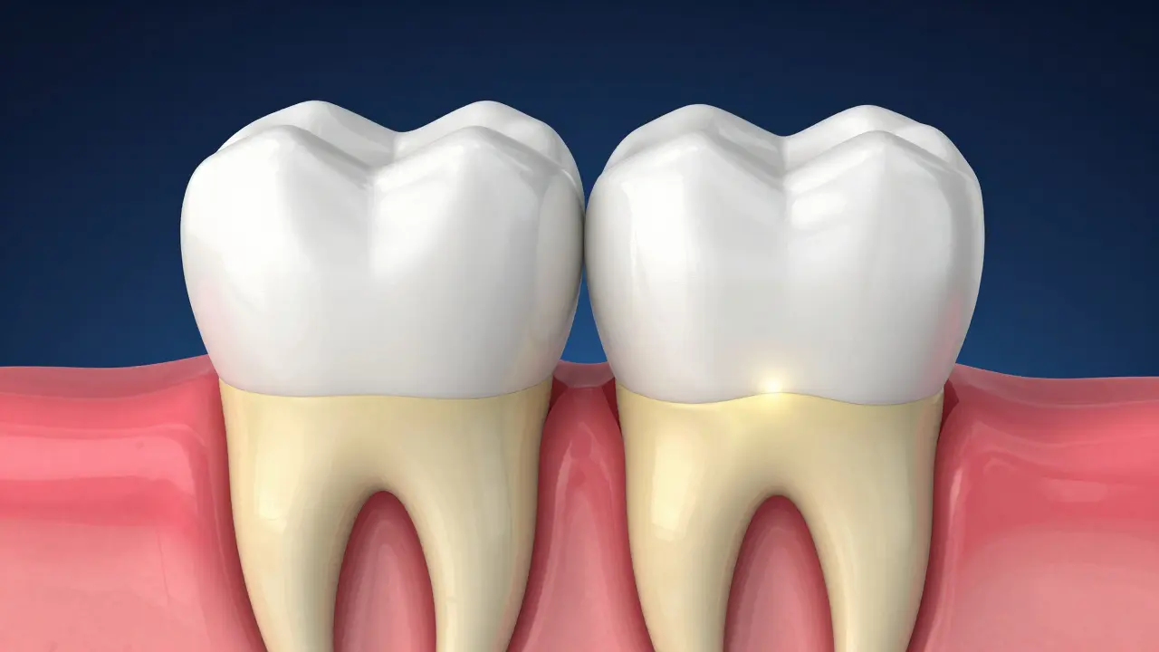 Kresba průřezu zubu znázorňující sklovinu a dentin