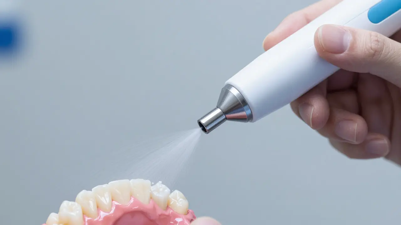 Zubní hygienistka používá pískovací přístroj k odstranění skvrn ze zubů.