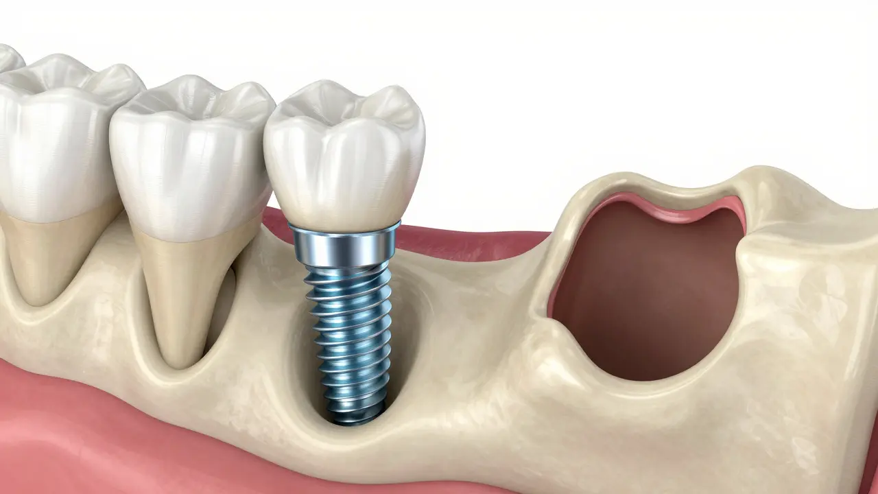 Anatomický řez ukazující integraci implantátu do kosti vs. atrofii