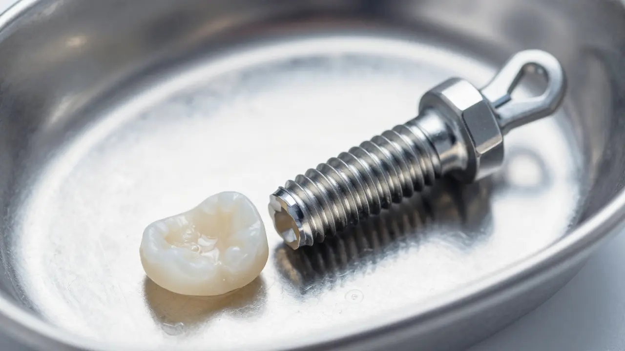 Detail zubního implantátu, korunky a spojky na chirurgickém tácu