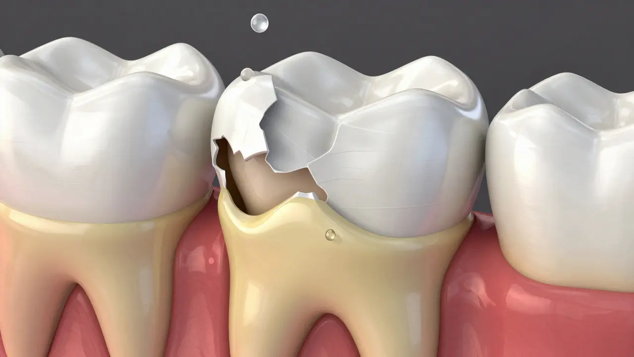 Ilustrace eroze skloviny odhalující žlutý dentin pod ní
