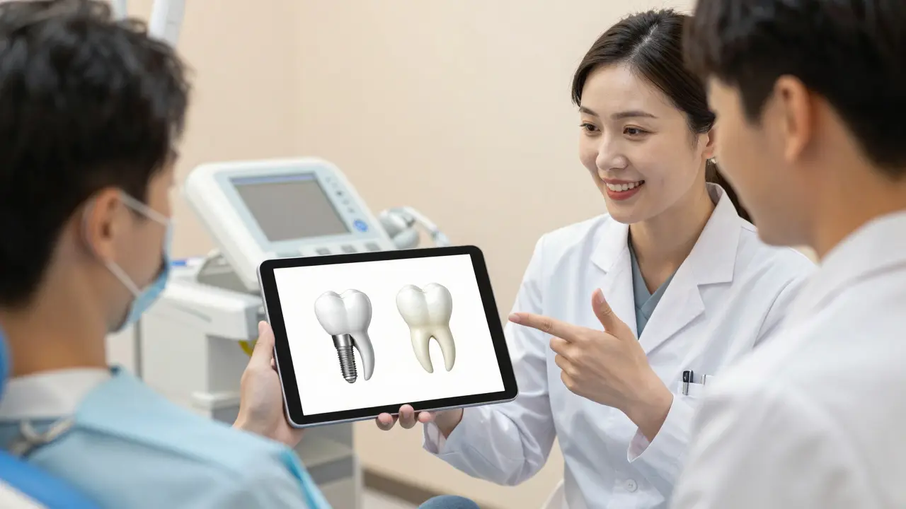 Konzultace s lékařem o typech zubních implantátů a korunek