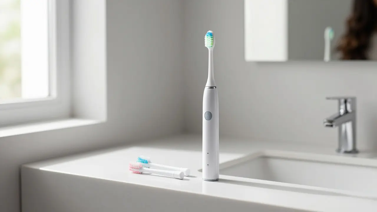 Moderní elektrický zubní kartáček s náhradními hlavicemi na koupelnovém pultu