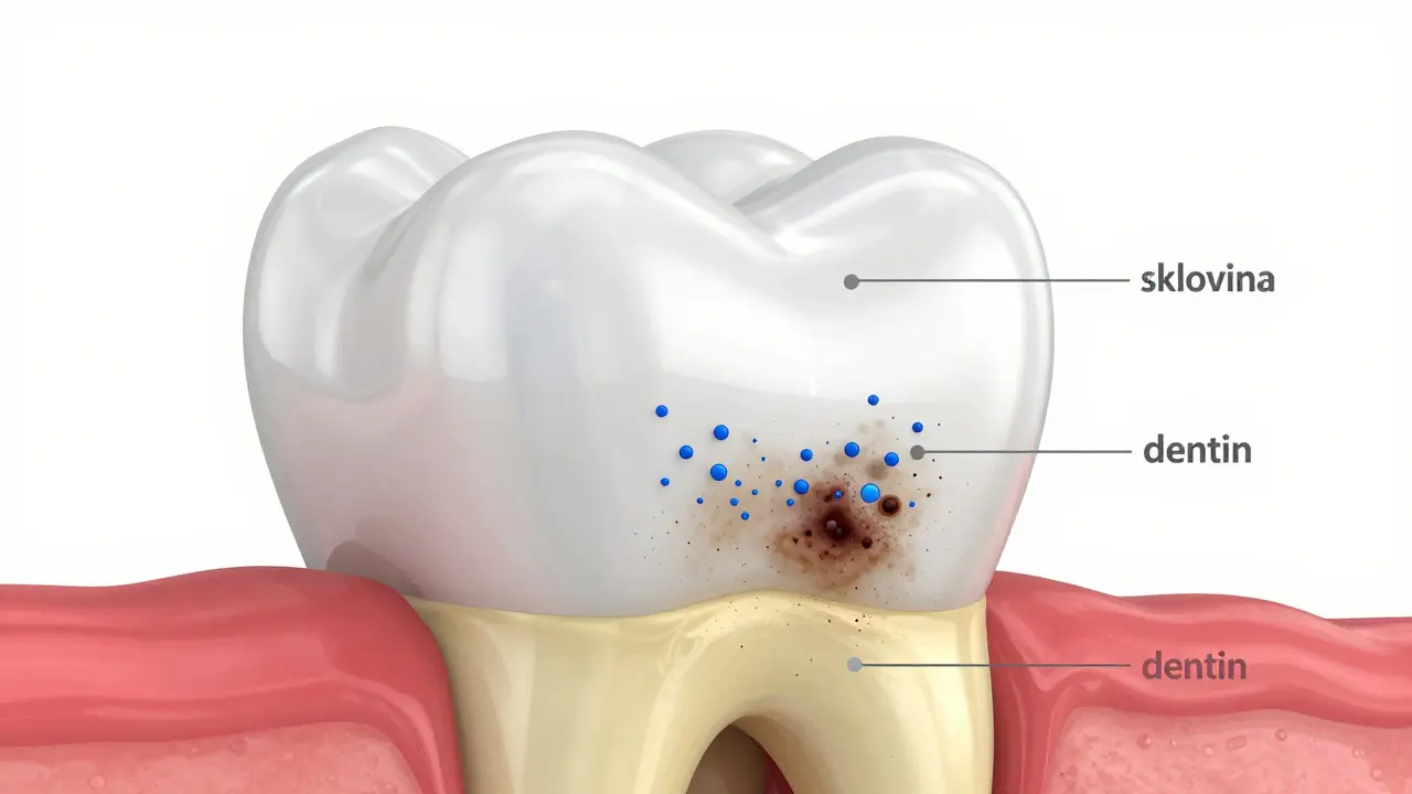 Schéma zubu ukazující průnik bělicích látek skrz sklovinu do dentinu