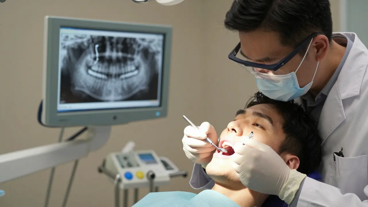 Stomatolog kontroluje stav implantátu u pacienta