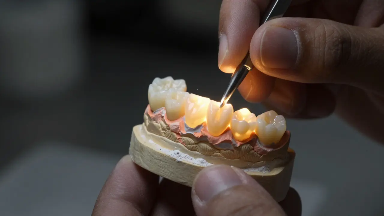 Detailní pohled na ruční výrobu keramické zubní korunky v laboratoři