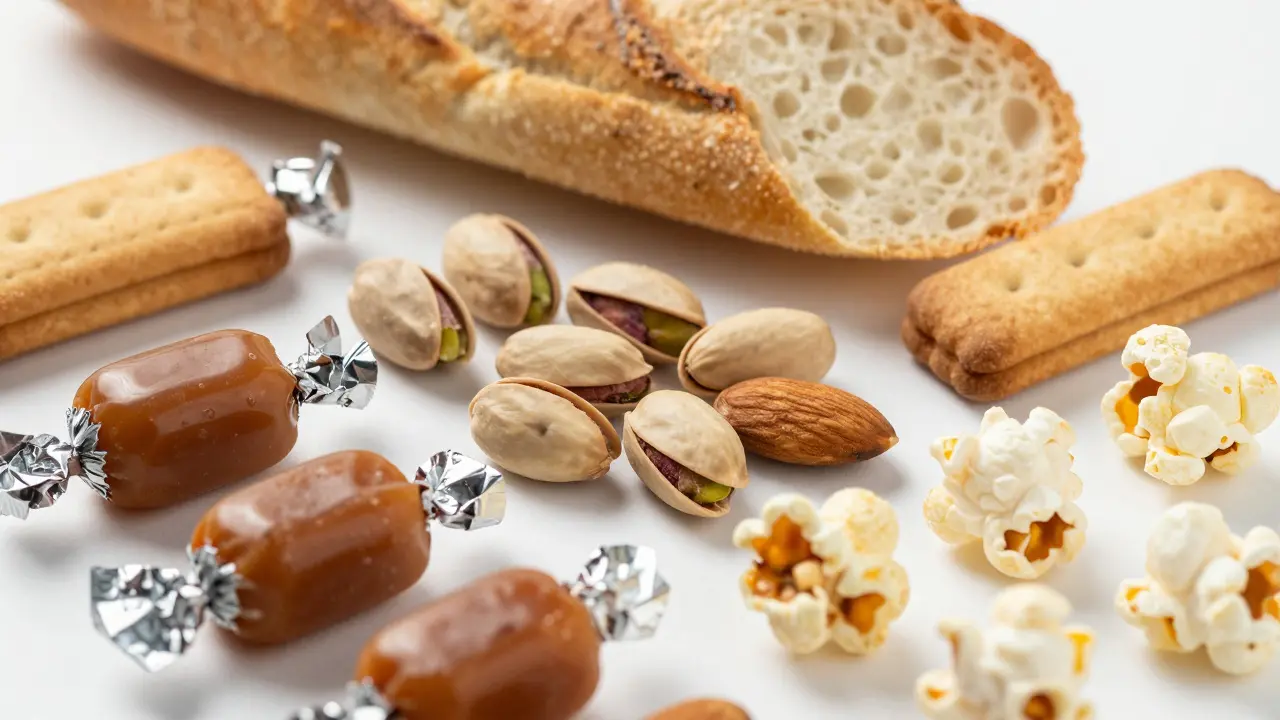 Detailní záběr zakázaných potravin jako karamel, ořechy a popcorn pro nositele rovnátek