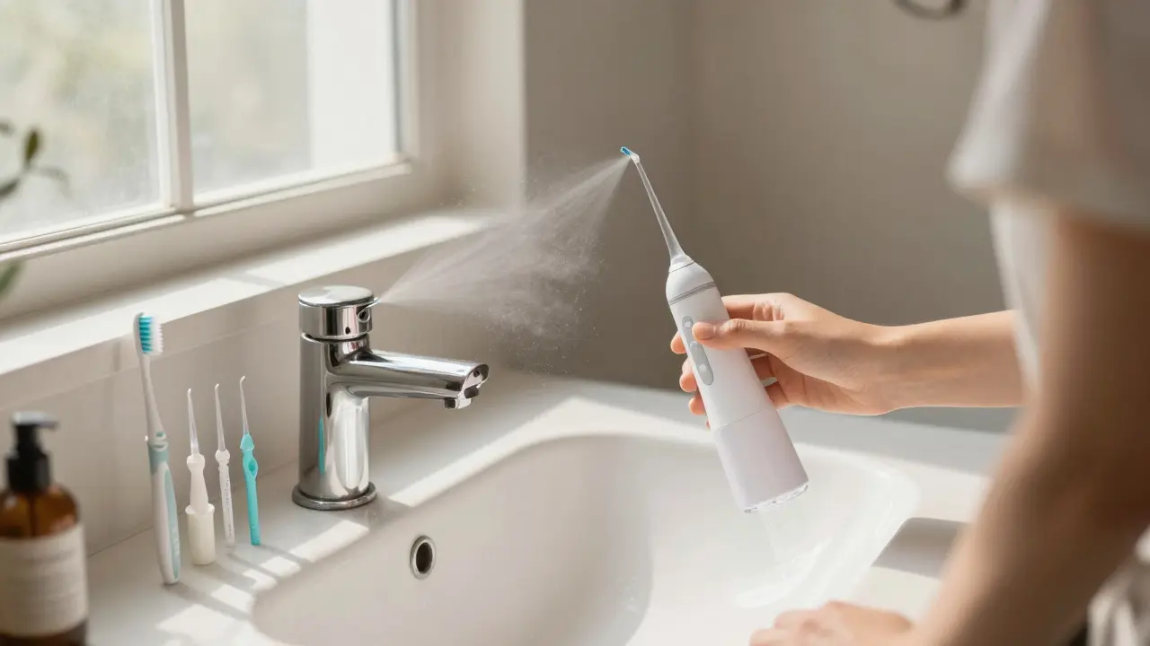 Klidná koupelna s osobou používající ústní sprchu při denní hygieně
