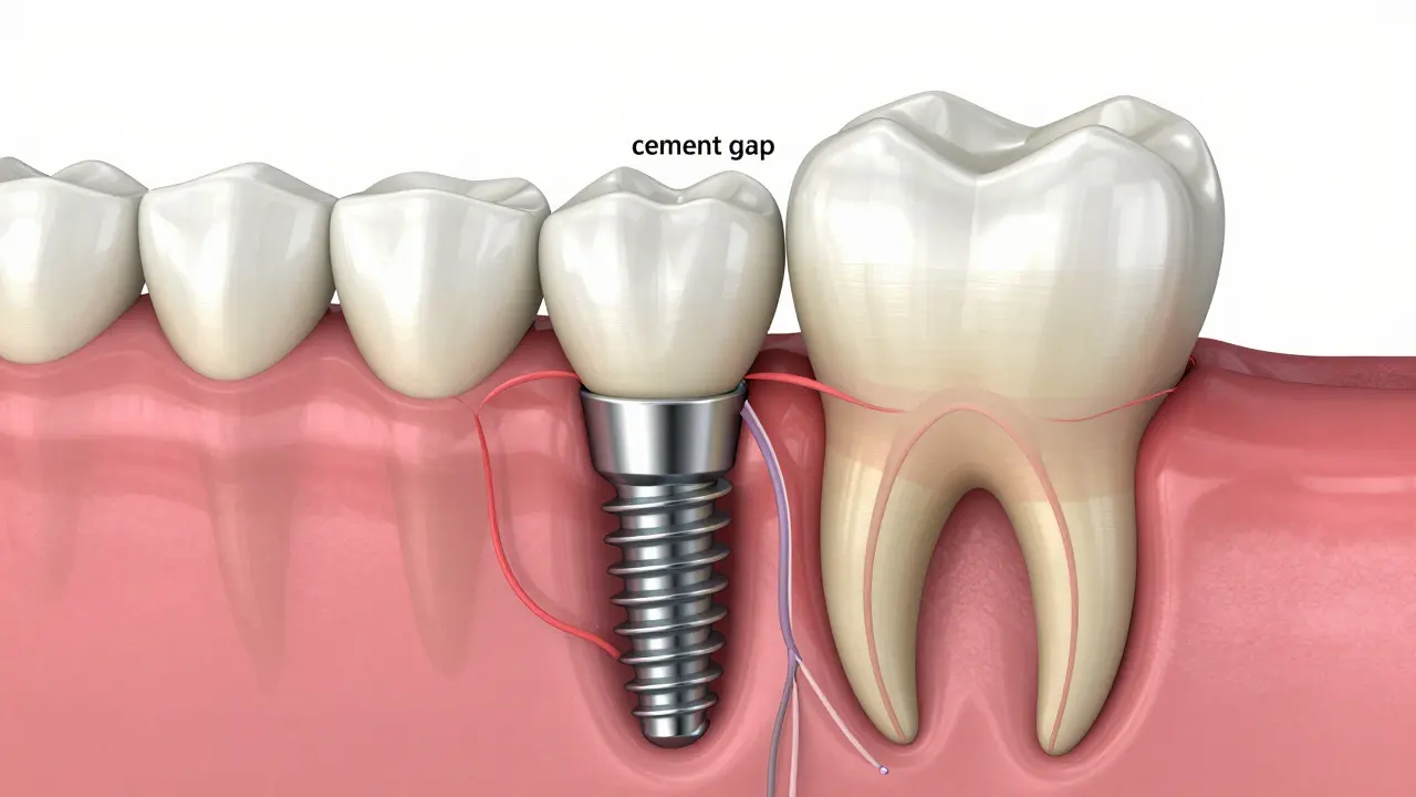 Anatomický pohled na implantát a přirozený zub v kosti
