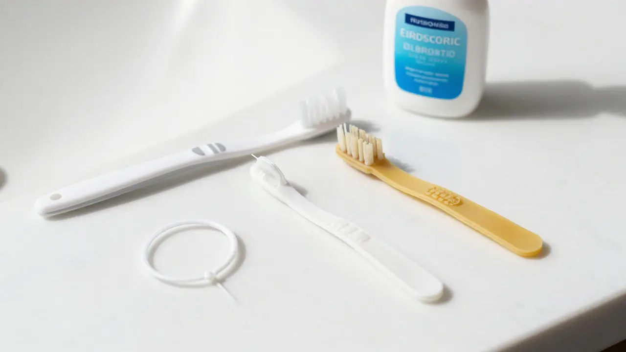 Hygiena pro rovnátka: mezizubní kartáček, nit a fluoridový gel na pultu