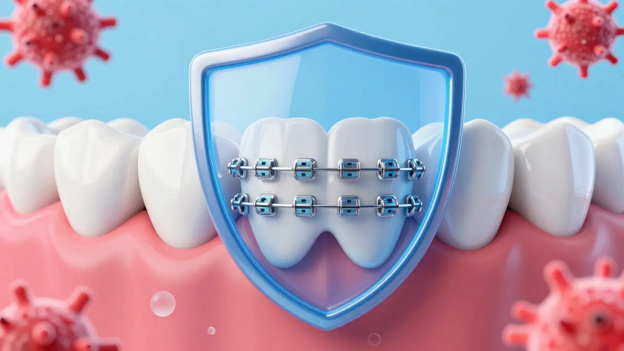 Ilustrace ochrany emailu před bílými skvrnami pomocí fluoridu při rovnání