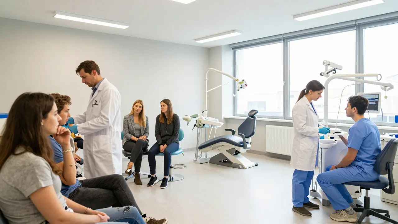 Interiér čekárny na zubní pohotovosti v Praze