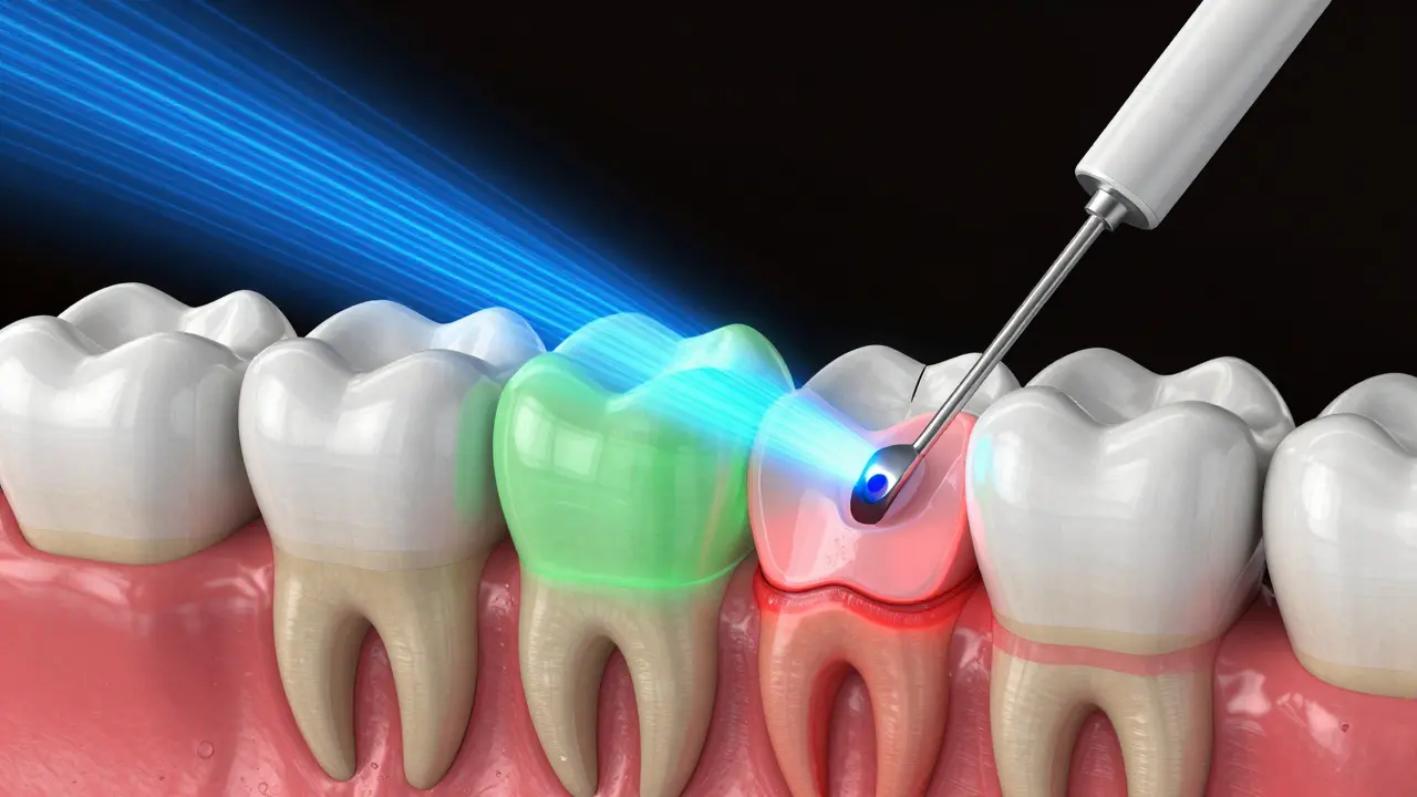 Laserová diagnostika odhalující kaz uvnitř struktury zubu