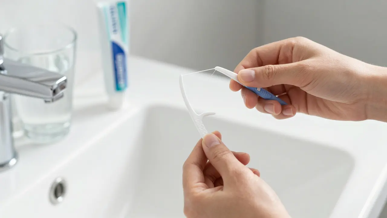 Nářadí pro ústní hygienu: nitka a stěrka na jazyk