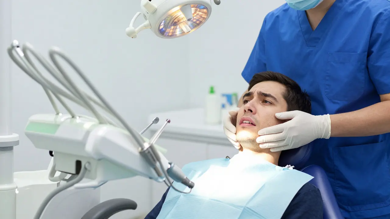 Pacient ve stomatologické křesle s bolestí v ústech před zákrokem