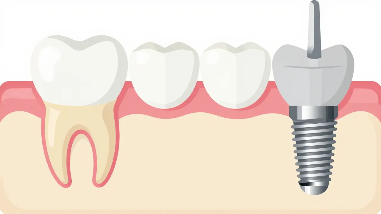 Srovnání zubní korunky, můstku a implantátu v ilustraci