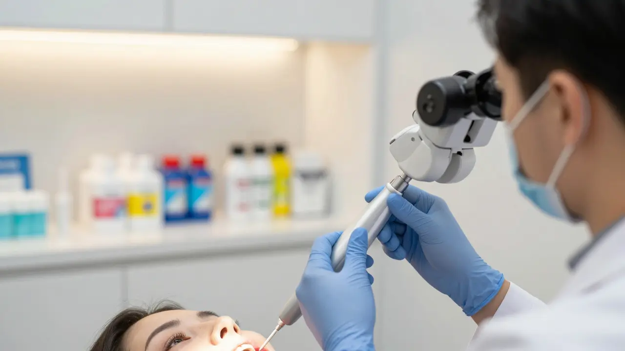 Zubní lékař používá moderní skener a mikroskop pro přesnou diagnostiku zubů.