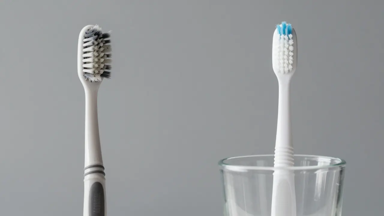 Comparison of a worn nylon toothbrush and a new high-quality synthetic brush