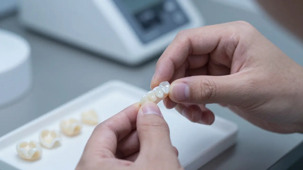 Detailní pohled na ruční leštění keramické zubní fázety v laboratoři