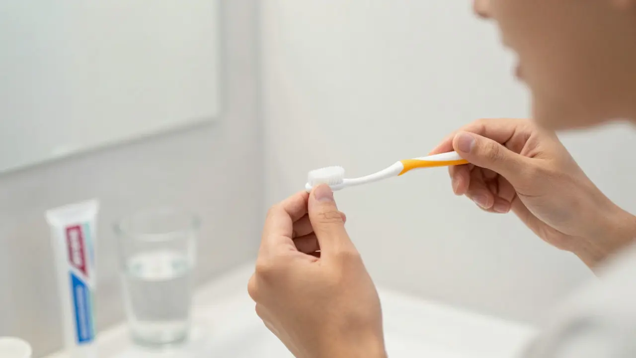 Person using interdental brushes and a soft toothbrush for dental care