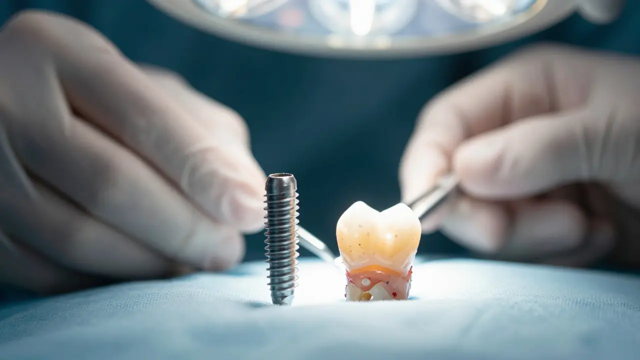 Titanový zubní implantát a keramická korunka na chirurgickém tácu