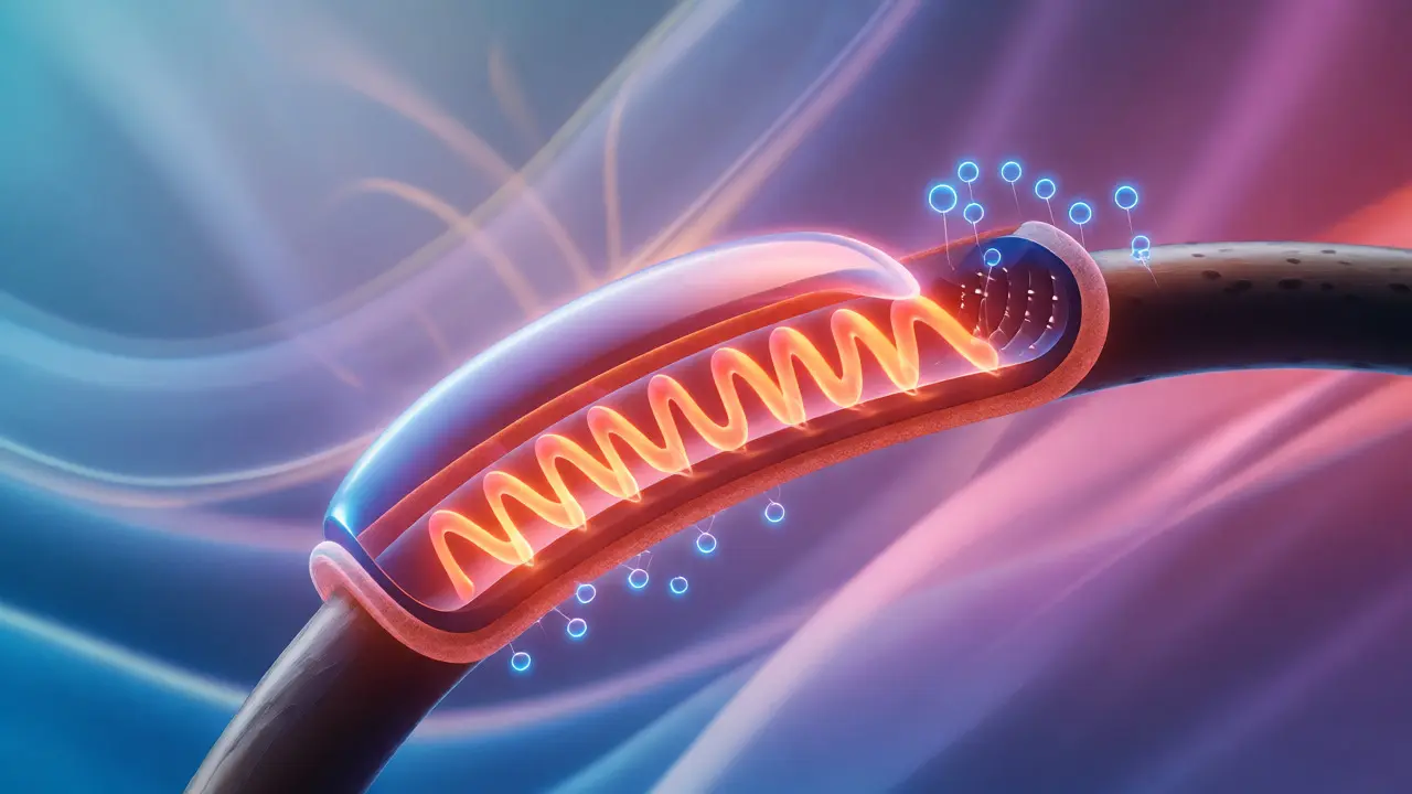 Ilustrace infračerveného zahřívání a ionizace vlasu při používání žehličky.