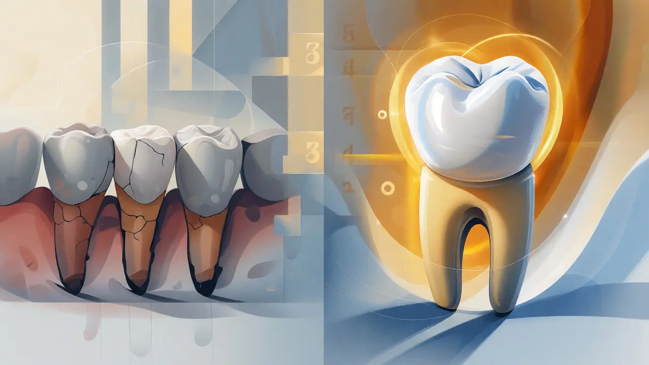 Konceptuální ilustrace dlouhodobé hodnoty keramické korunky versus dočasné výplně.