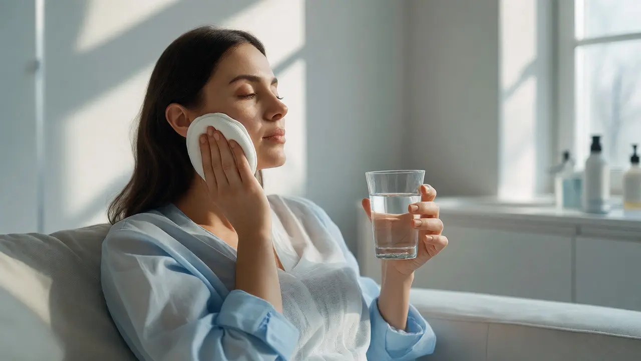 Žena s chladivým obkladem na tváři během rekonvalescence po vytažení drena.