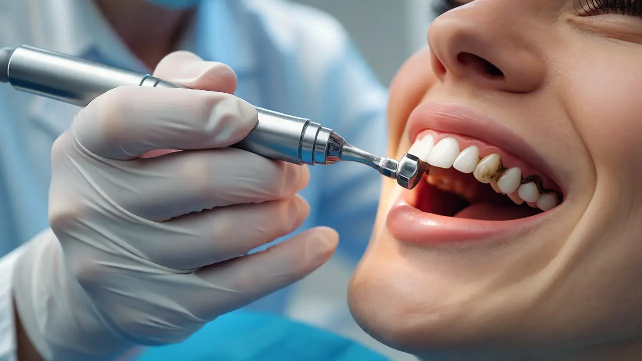 Zubní hygienista odstraňuje zubní kámen ultrazvukem