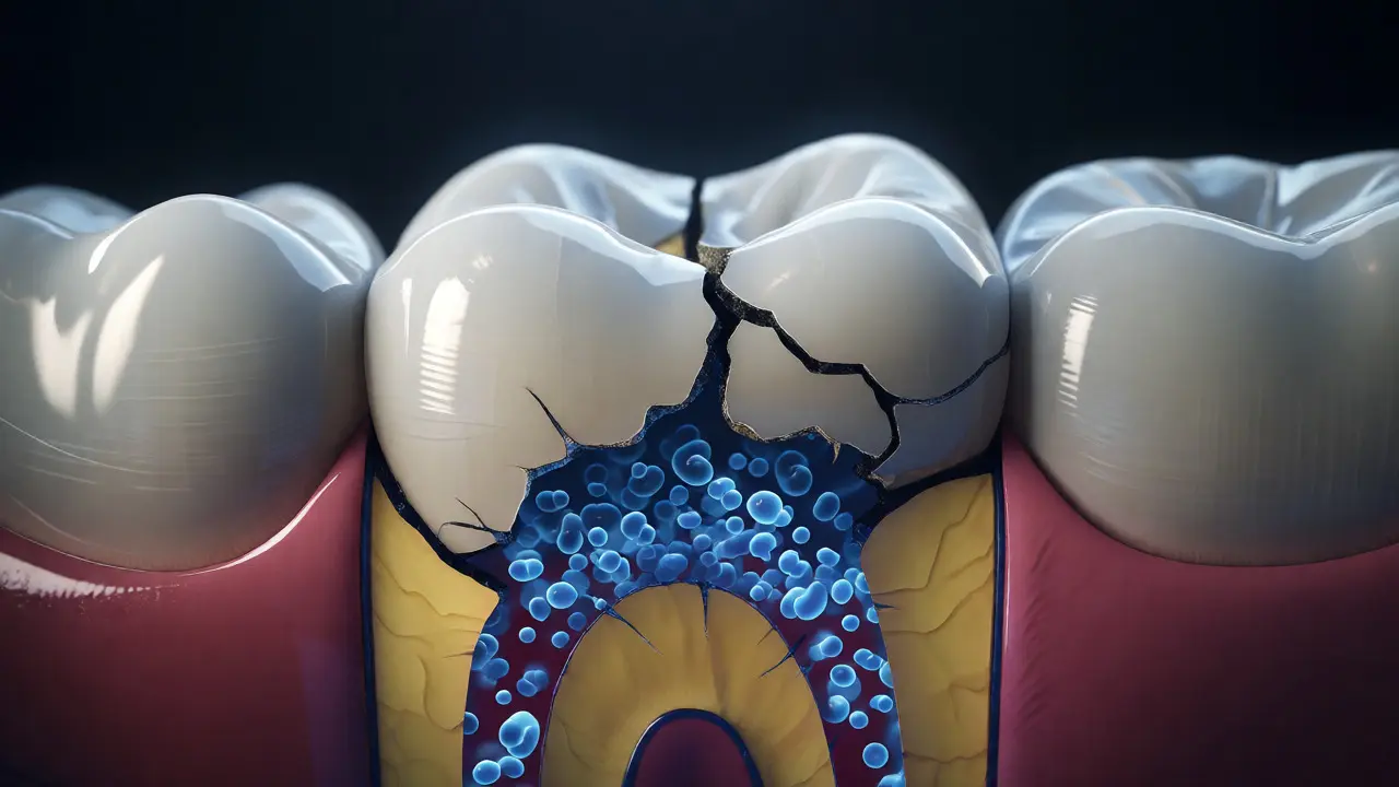 Zvětšený pohled na prasklinu ve sklovině a citlivý dentin