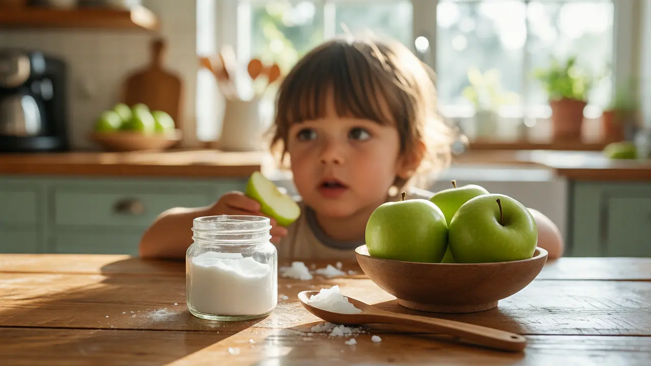 Dítě v kuchyni s přírodními prostředky pro ústní hygienu, jako je soda a jablka