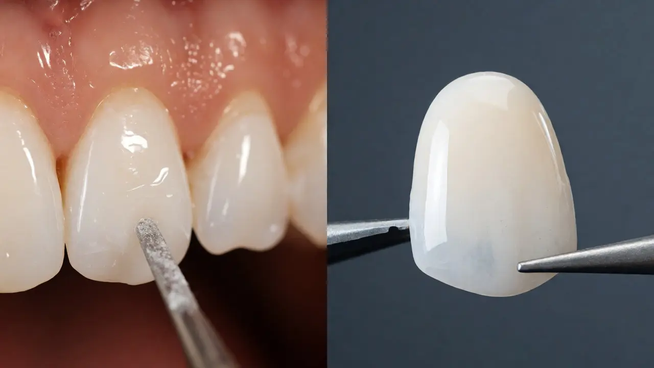 Porovnání aplikace kompozitu přímo v ústech a hotové porcelánové fasety.