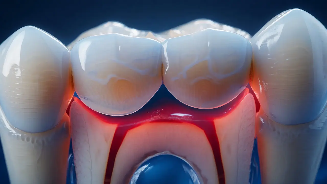 Řez zubem s nalepenou porcelánovou fasetou a zvýrazněným nervem